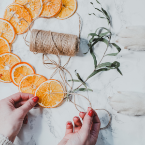 orange slices connected by thread to make a garland